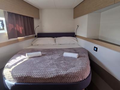 Cabin on Ruinart, a Fountaine Pajot Elba 45 catamaran at Olbia, Italy
