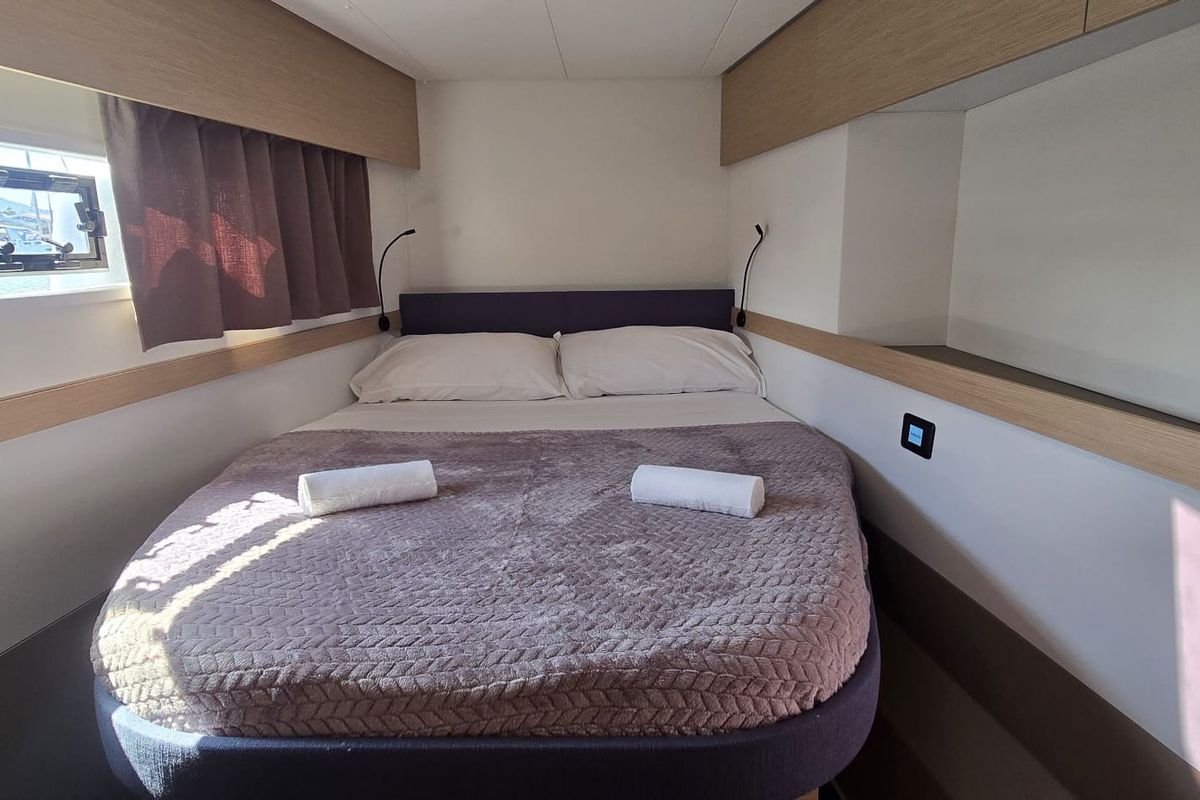 Cabin on Ruinart, a Fountaine Pajot Elba 45 catamaran at Olbia, Italy