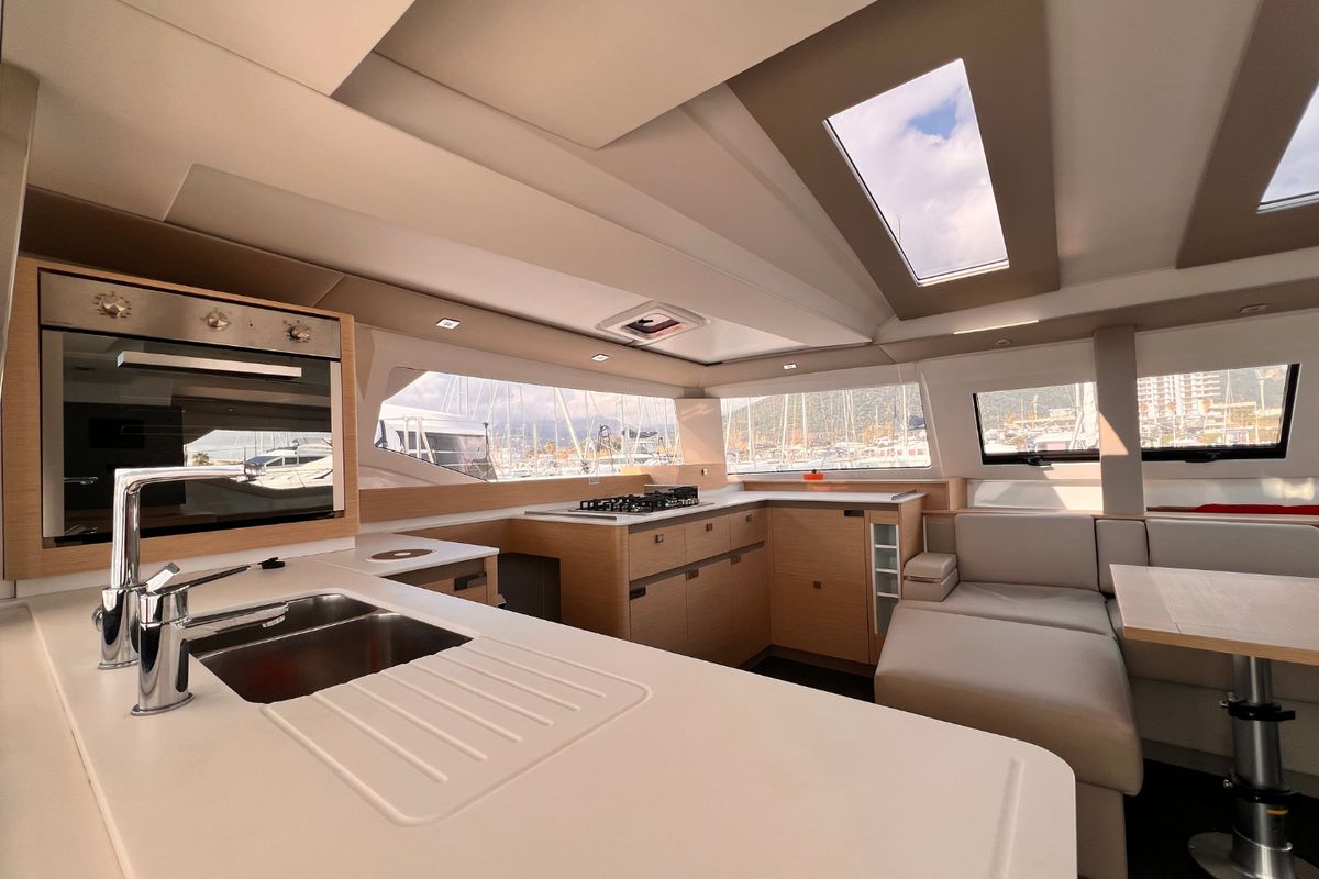 Galley of Ruinart, a Fountaine Pajot Elba 45 catamaran at Olbia, Italy