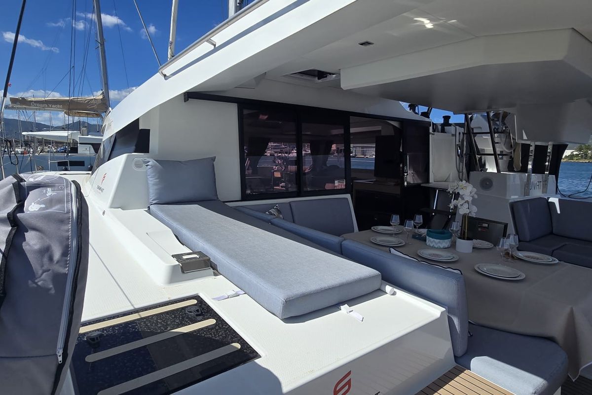 Deck of Ruinart, a Fountaine Pajot Elba 45 catamaran at Olbia, Italy