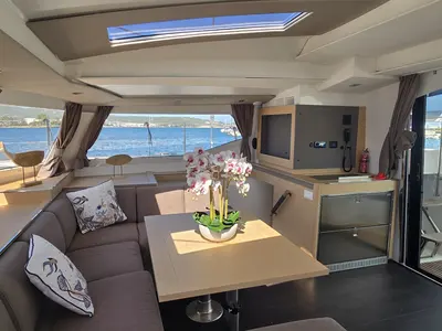 Salon of Ruinart, a Fountaine Pajot Elba 45 catamaran at Olbia, Italy