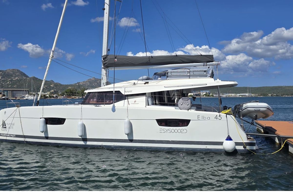 Exterior view of Ruinart, a Fountaine Pajot Elba 45 catamaran at Olbia, Italy