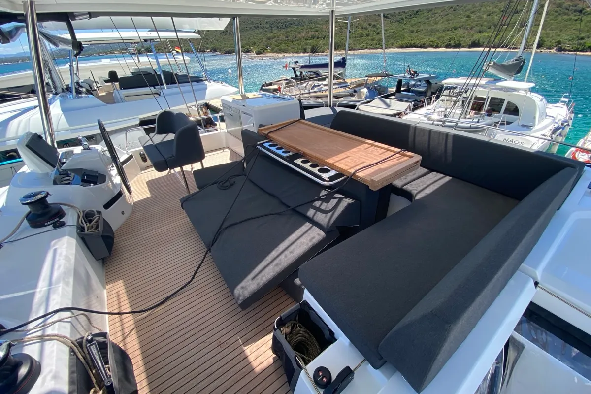 Deck of The Moon (ANU), a Lagoon 55 catamaran at English Harbour, Antigua and Barbuda