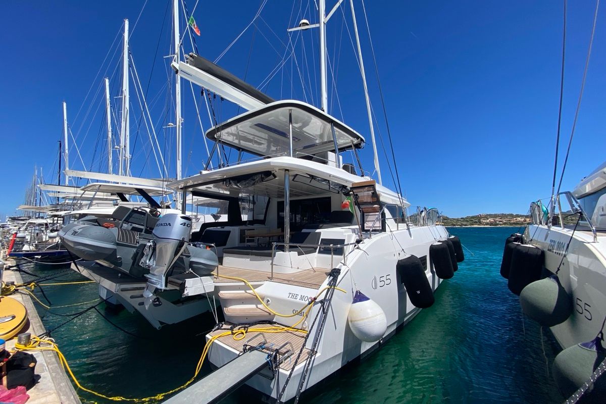 Exterior view of The Moon (ANU), a Lagoon 55 catamaran at English Harbour, Antigua and Barbuda