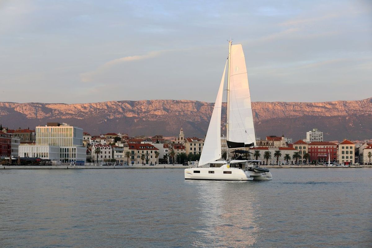 Exterior view of Lady Point, a Lagoon 46 catamaran at Split, Croatia