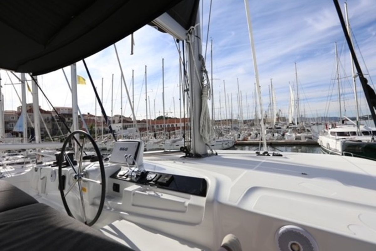 Cockpit of Lady Point, a Lagoon 46 catamaran at Split, Croatia