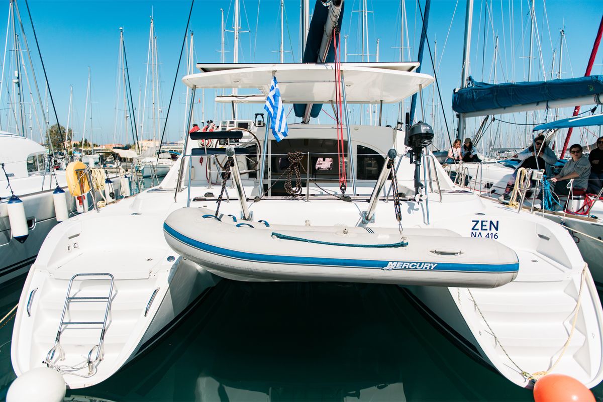 Exterior view of Zen (Pax 10), a Lagoon 380 S2 catamaran at Municipal Unit of Lefkada, Greece