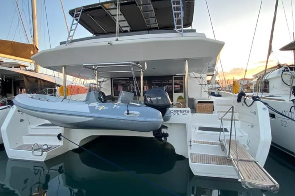 Exterior view of Orfeas, a Dufour 48 Catamaran catamaran at Municipal Unit of Lefkada, Greece