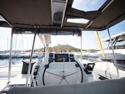 Cockpit of Orfeas, a Dufour 48 Catamaran catamaran at Municipal Unit of Lefkada, Greece