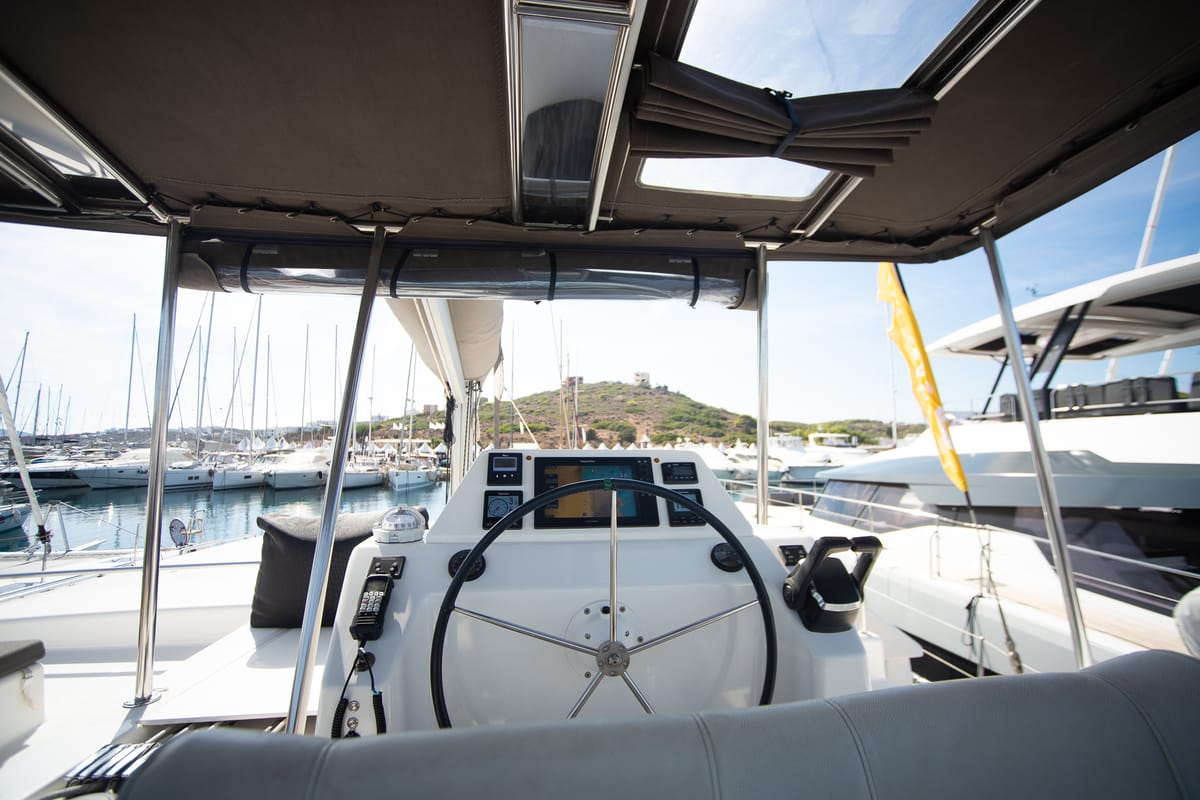 Cockpit of Orfeas, a Dufour 48 Catamaran catamaran at Municipal Unit of Lefkada, Greece