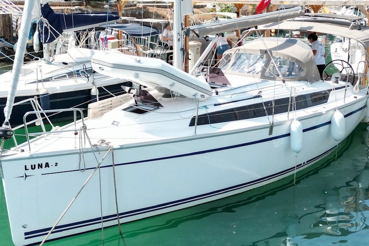 Exterior view of Luna 2, a Bavaria 34 Cruiser sailboat at Fethiye, Turkey