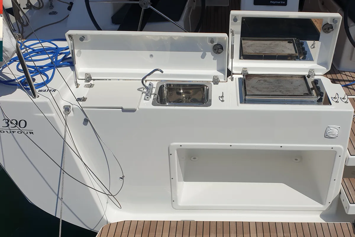 Deck of Maša, a Dufour 390 GL sailboat at Općina Rogoznica, Croatia