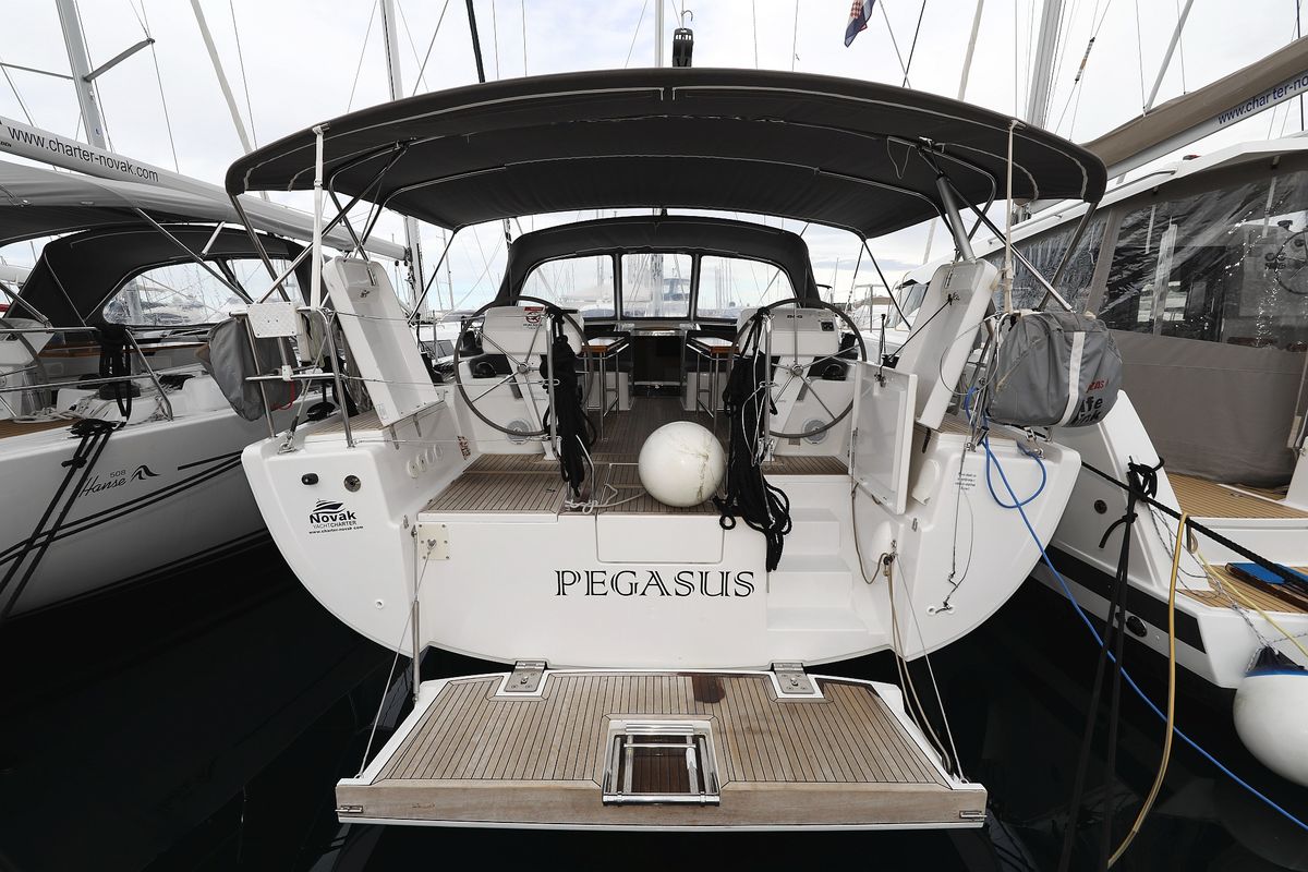 Exterior view of Pegasus, a Hanse Yachts Hanse 508 sailboat at Grad Biograd na Moru, Croatia