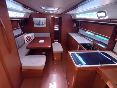 Salon of Pandeia, a Dufour 450 Grand Large sailboat at Marmaris, Turkey