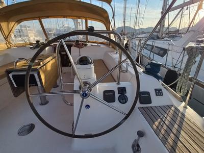 Cockpit of Pandeia, a Dufour 450 Grand Large sailboat at Marmaris, Turkey