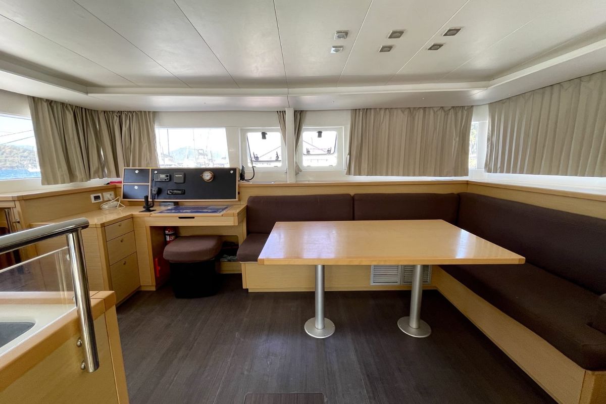 Salon of Altair, a Lagoon 450 F catamaran at Athens, Greece