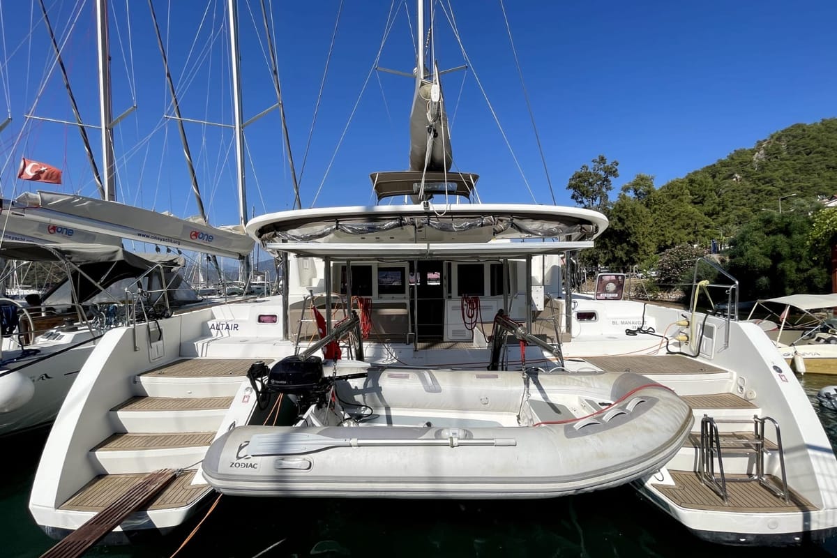 Exterior view of Altair, a Lagoon 450 F catamaran at Athens, Greece