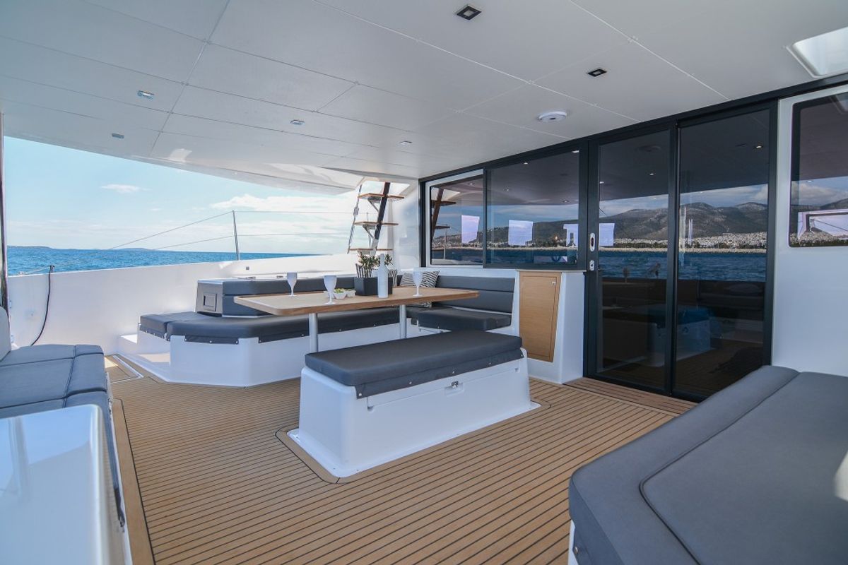 Deck of Paris, a Dufour Catamaran 48 catamaran at Capo d'Orlando, Italy