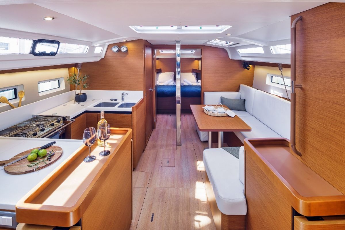 Salon of Thousand Sunny, a Jeanneau Sun Odyssey 440 sailboat at Municipal Unit of Rhodes, Greece