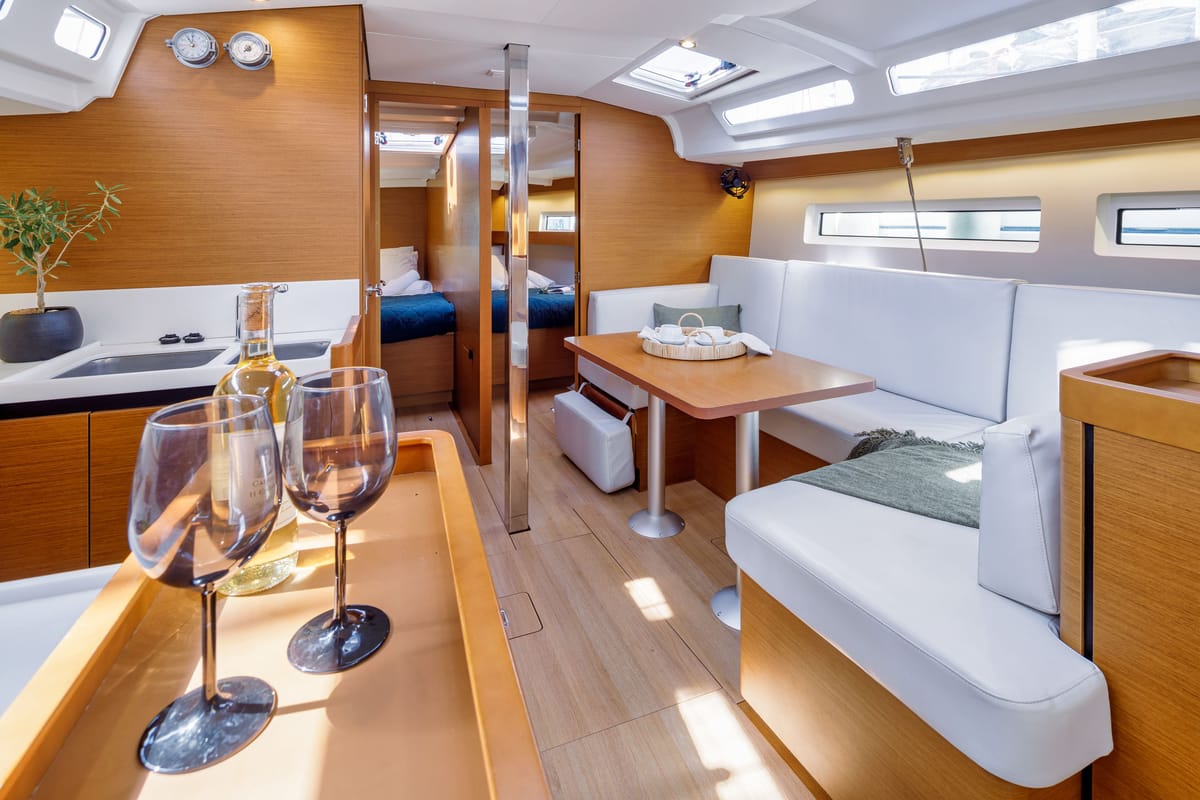Salon of Thousand Sunny, a Jeanneau Sun Odyssey 440 sailboat at Municipal Unit of Rhodes, Greece