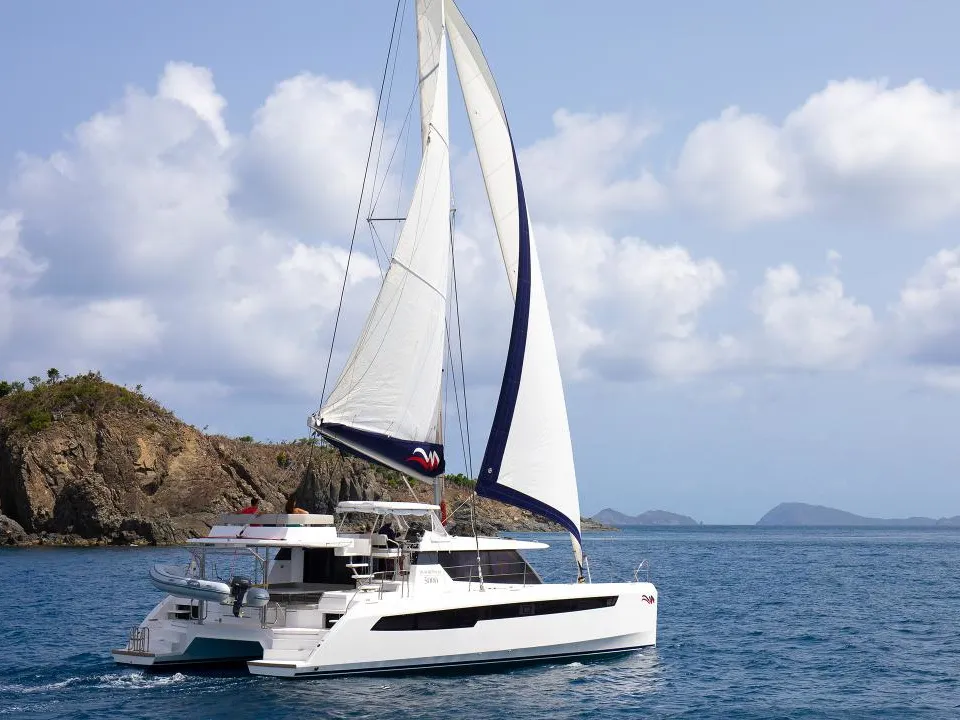 Exterior view of Moorings 5000-5/4 Club, a Leopard 50 catamaran at English Harbour, Antigua and Barbuda