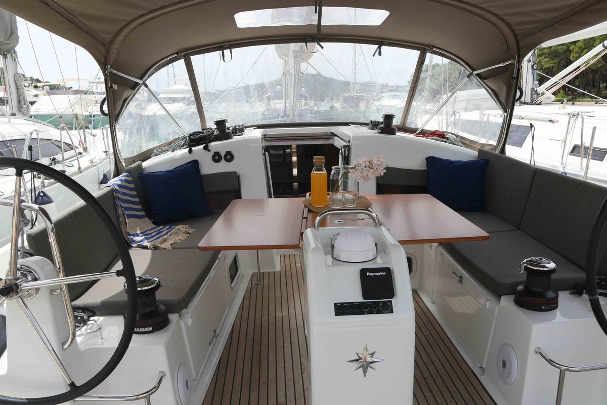 Cockpit of Bohemian Rhapsody, a Jeanneau Sun Odyssey 440 sailboat at Općina Sukošan, Croatia