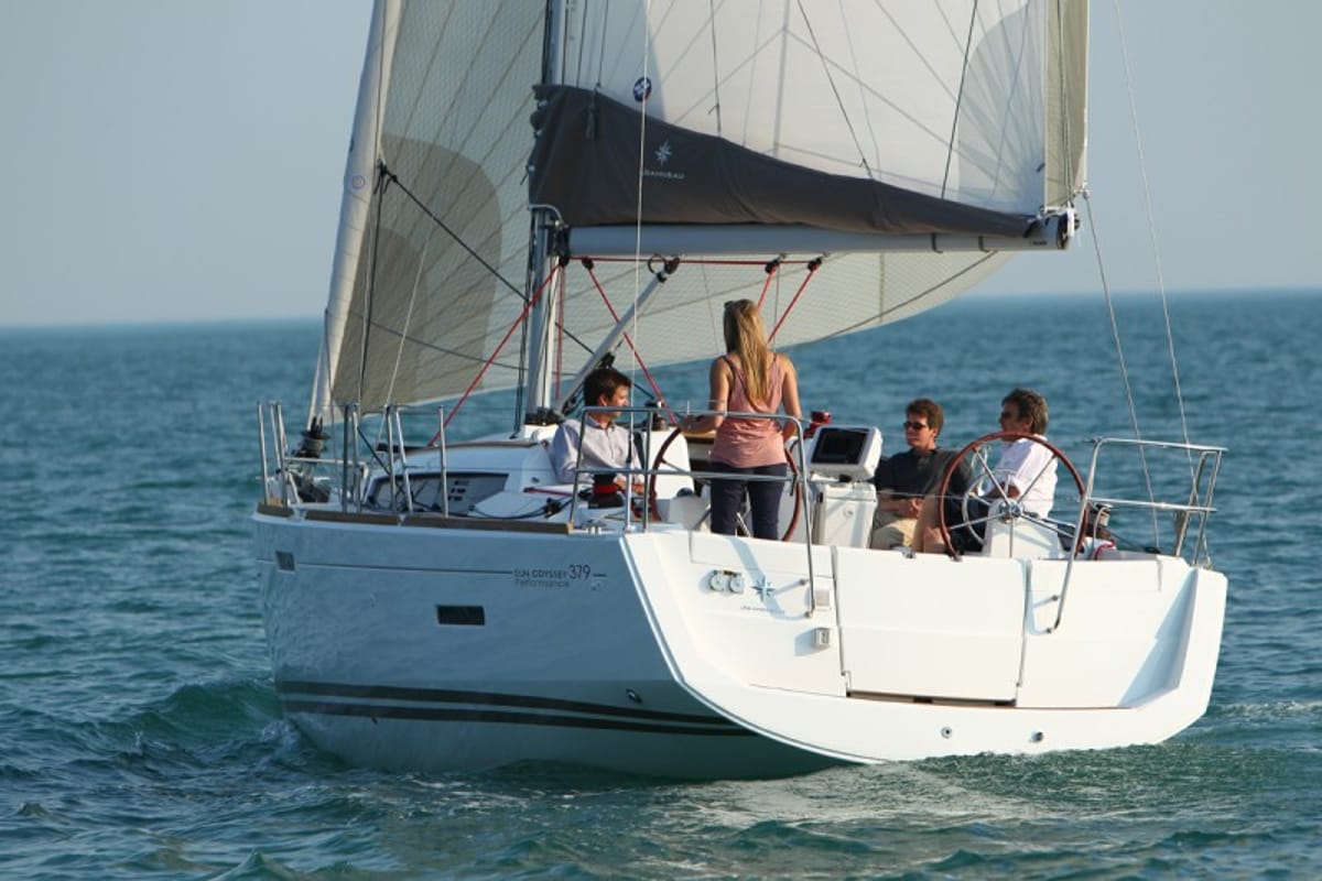 Exterior view of Fearless, a Jeanneau Sun Odyssey 379 sailboat at Municipal Unit of Lefkada, Greece