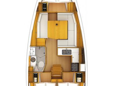 Floor plan of Fearless, a Jeanneau Sun Odyssey 379 sailboat at Municipal Unit of Lefkada, Greece