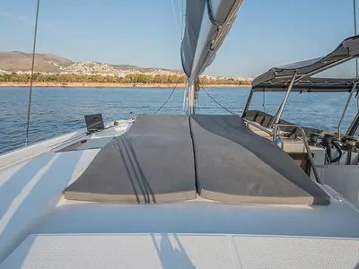Deck of Nou Nou 1, a Fountaine Pajot Astréa 42 catamaran at Lavreotiki Municipal Unit, Greece