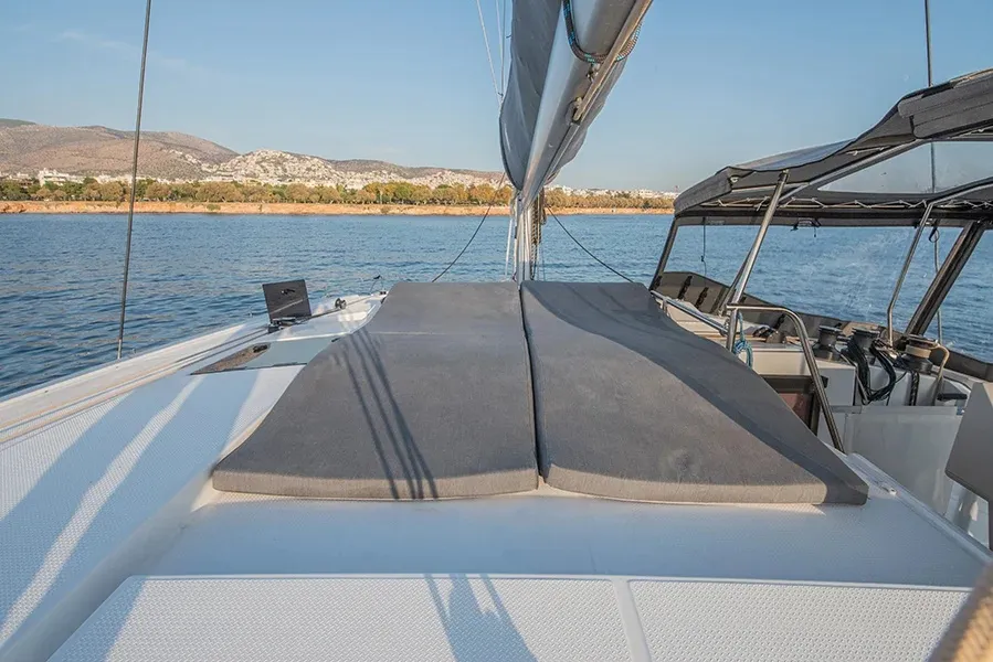 Deck of Nou Nou 1, a Fountaine Pajot Astréa 42 catamaran at Lavreotiki Municipal Unit, Greece