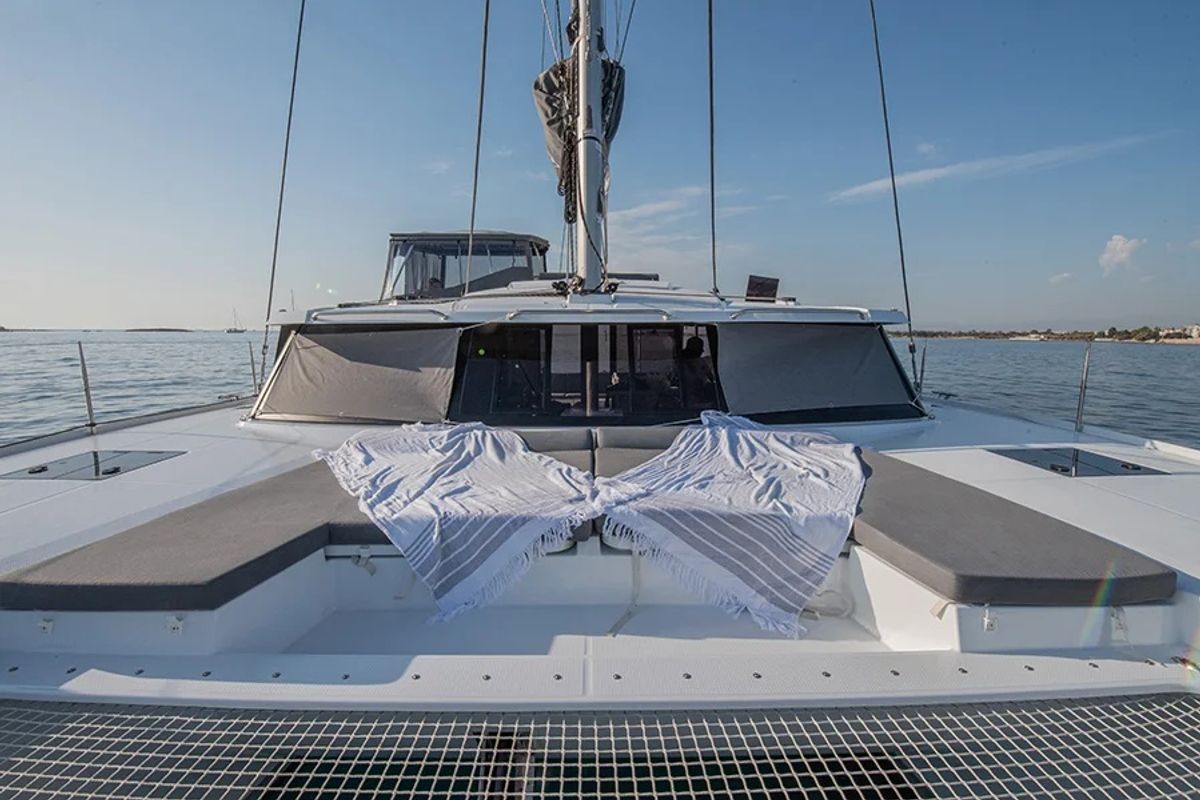 Deck of Nou Nou 1, a Fountaine Pajot Astréa 42 catamaran at Lavreotiki Municipal Unit, Greece