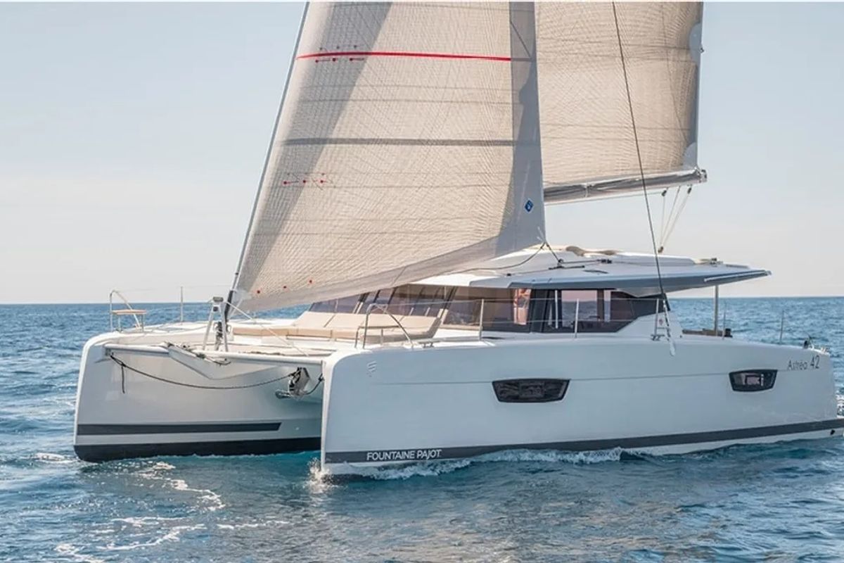 Exterior view of Nou Nou 1, a Fountaine Pajot Astréa 42 catamaran at Lavreotiki Municipal Unit, Greece