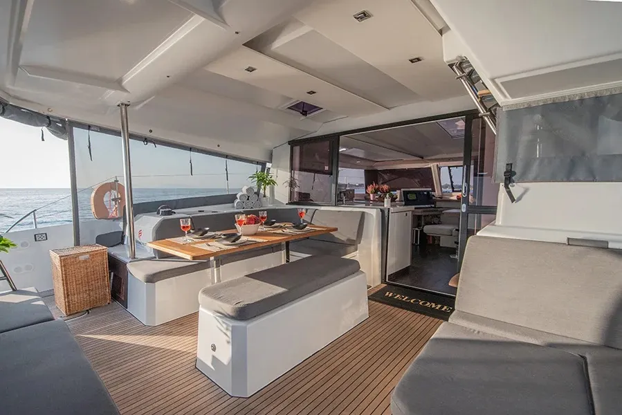 Deck of Nou Nou 1, a Fountaine Pajot Astréa 42 catamaran at Lavreotiki Municipal Unit, Greece