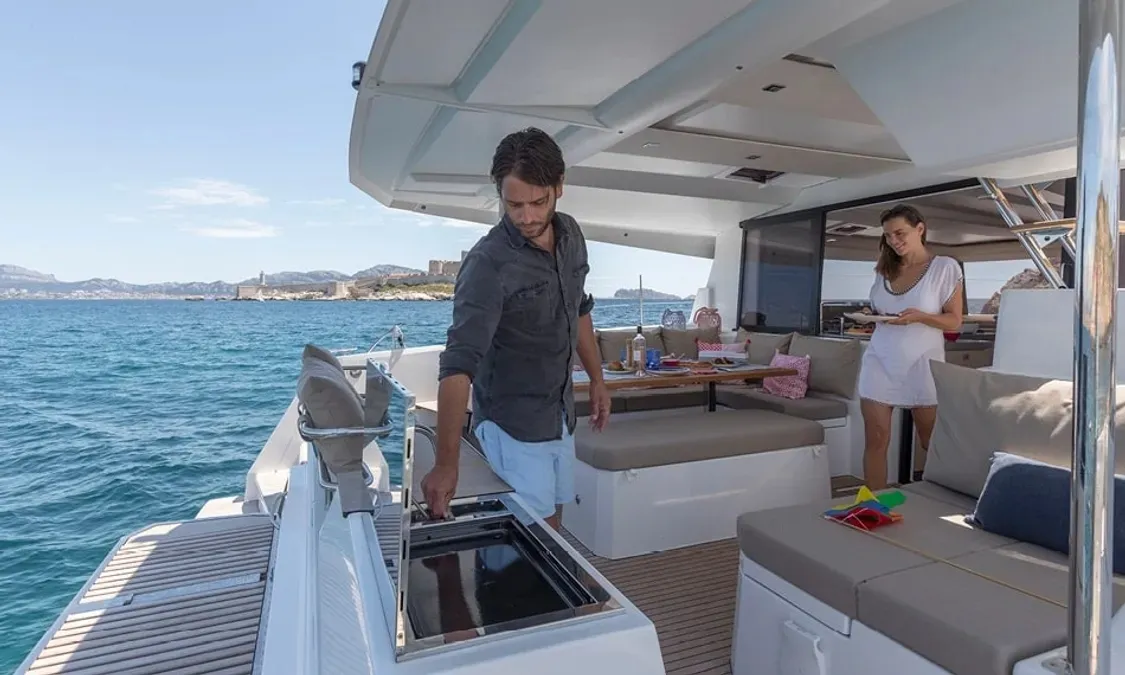 Deck of Nou Nou 1, a Fountaine Pajot Astréa 42 catamaran at Lavreotiki Municipal Unit, Greece