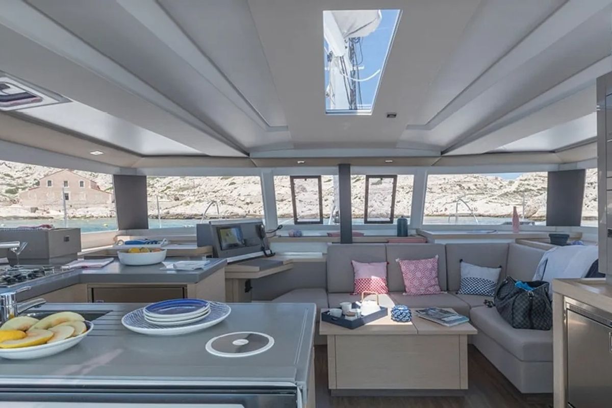 Salon of Nou Nou 1, a Fountaine Pajot Astréa 42 catamaran at Lavreotiki Municipal Unit, Greece