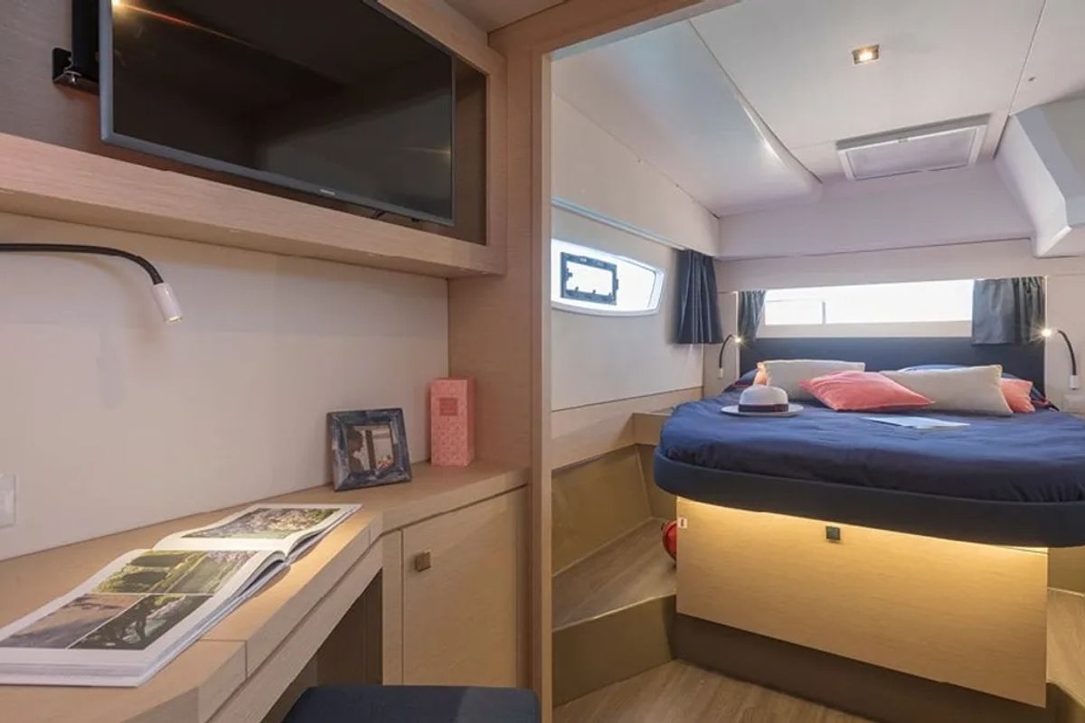 Cabin on Nou Nou 1, a Fountaine Pajot Astréa 42 catamaran at Lavreotiki Municipal Unit, Greece