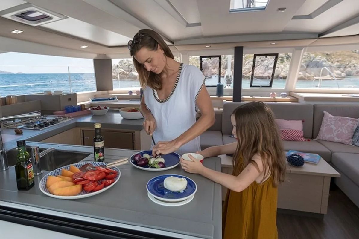 Galley of Nou Nou 1, a Fountaine Pajot Astréa 42 catamaran at Lavreotiki Municipal Unit, Greece