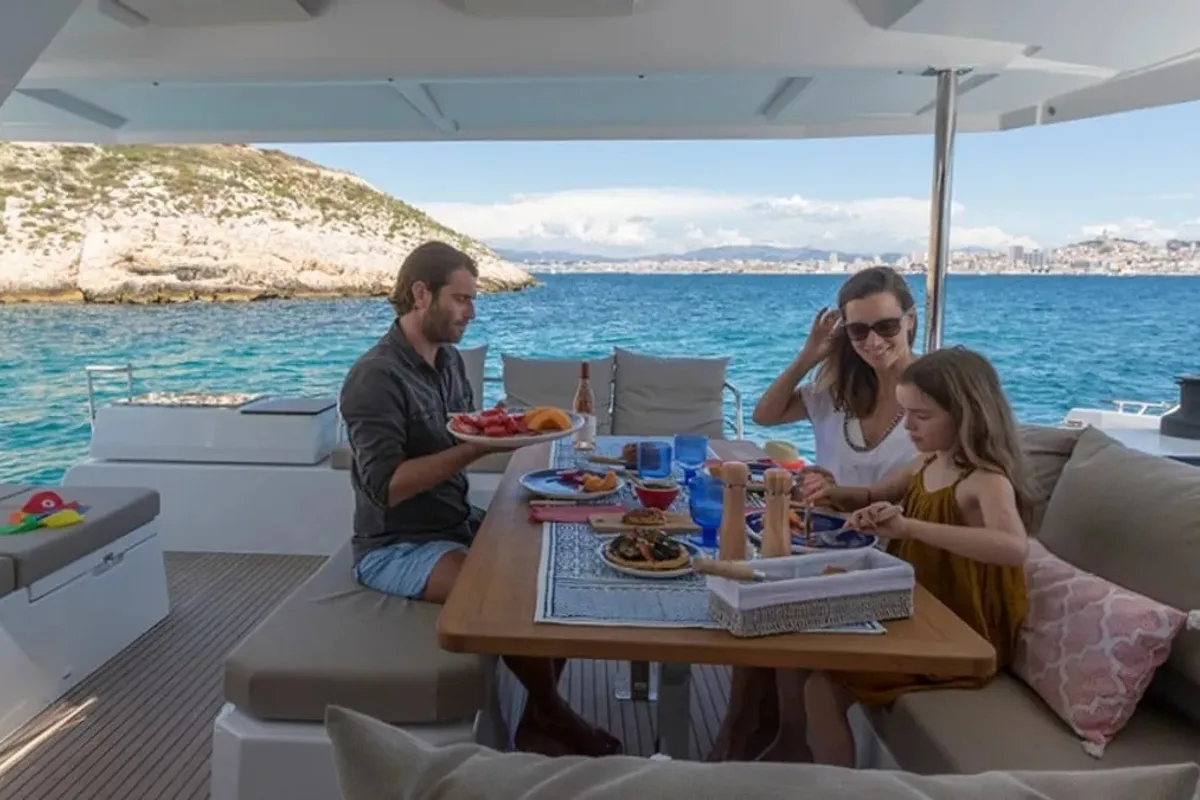 Deck of Nou Nou 1, a Fountaine Pajot Astréa 42 catamaran at Lavreotiki Municipal Unit, Greece