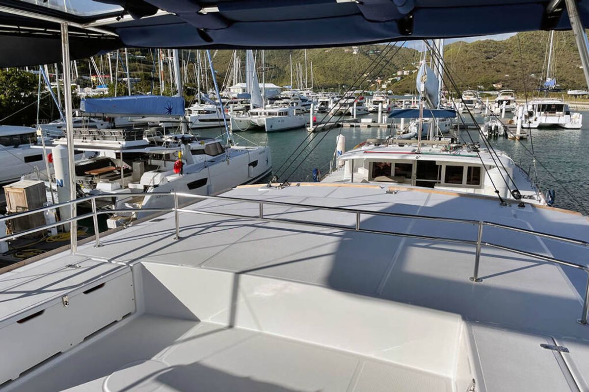 Deck of Ne Plus Ultra, a Bali 5.4 catamaran at Road Town, British Virgin Islands