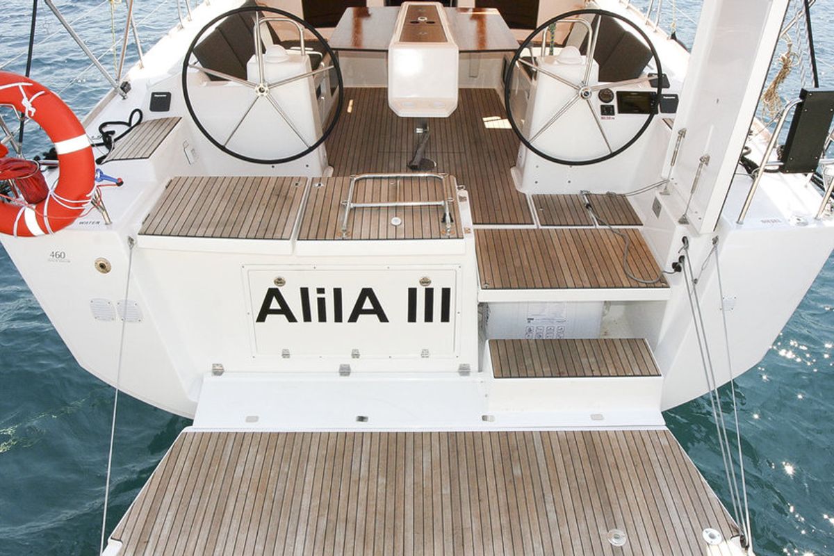 Cockpit of Alila III, a Dufour 460 GL sailboat at Grad Kaštela, Croatia
