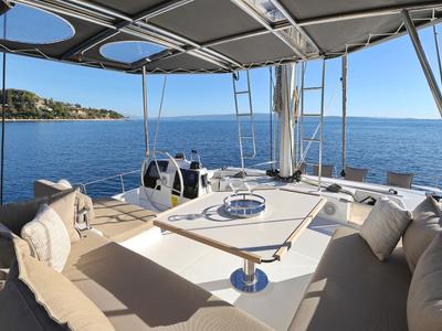 Cockpit of Belle Amie, a Bali 4.6 catamaran at Općina Sukošan, Croatia