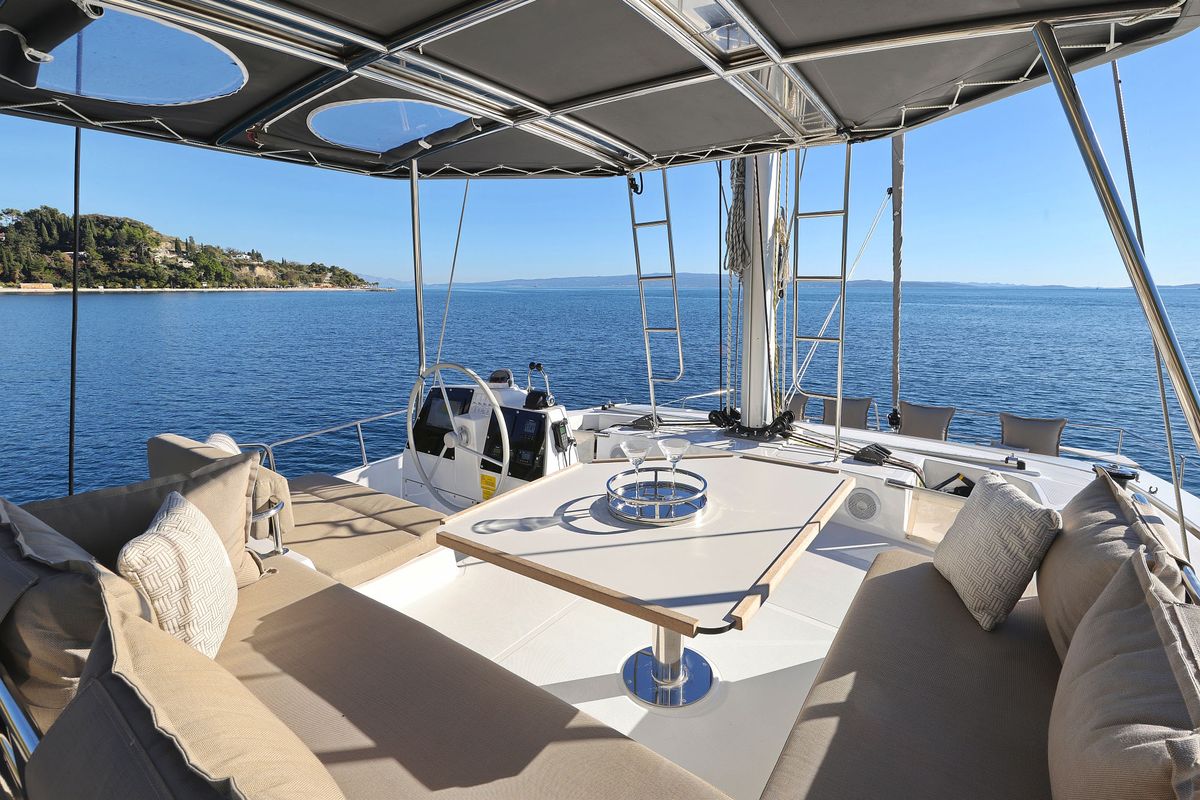 Cockpit of Belle Amie, a Bali 4.6 catamaran at Općina Sukošan, Croatia