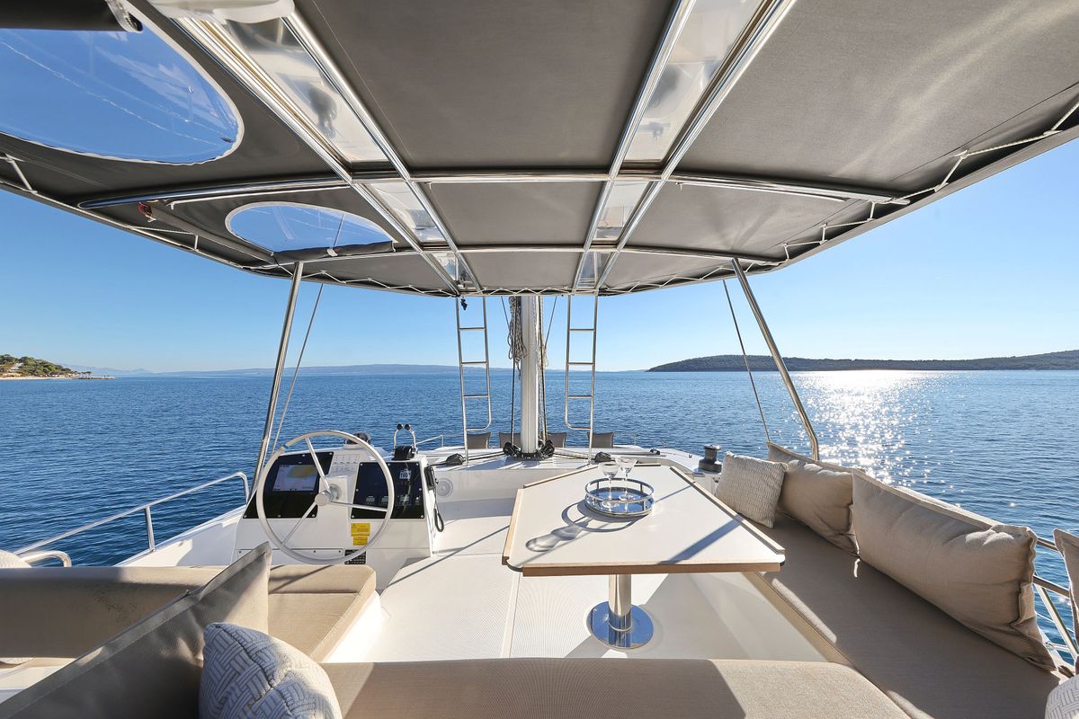 Cockpit of Belle Amie, a Bali 4.6 catamaran at Općina Sukošan, Croatia