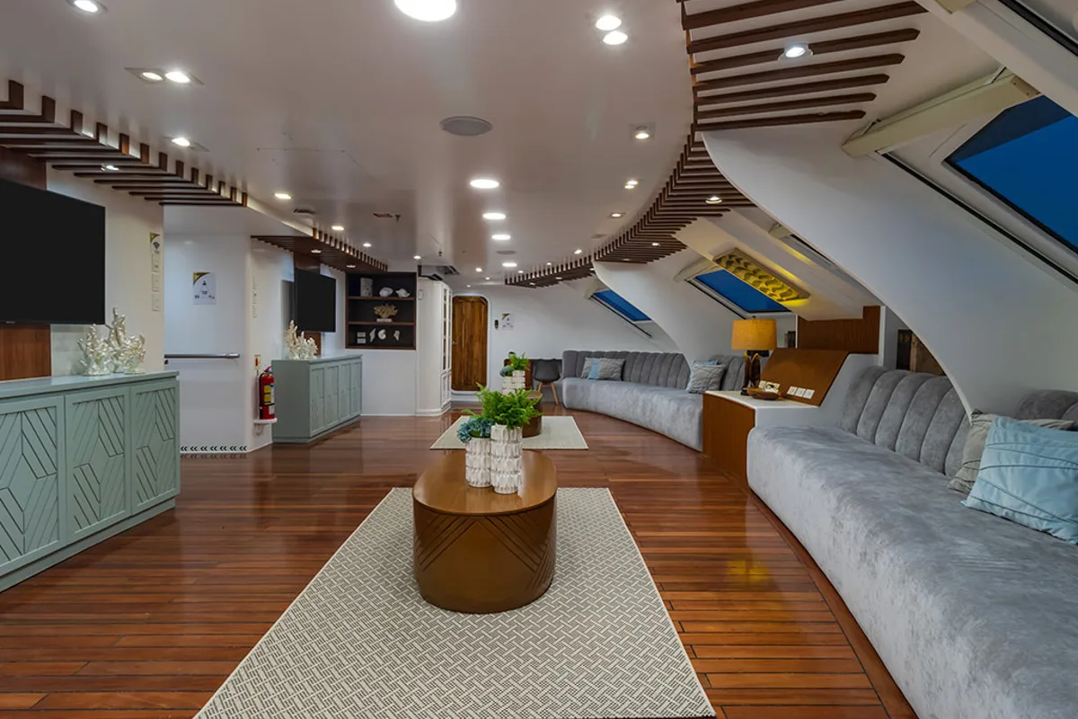 Salon of Ocean Spray, a Gulet Power Catamaran catamaran at Baltra, Ecuador