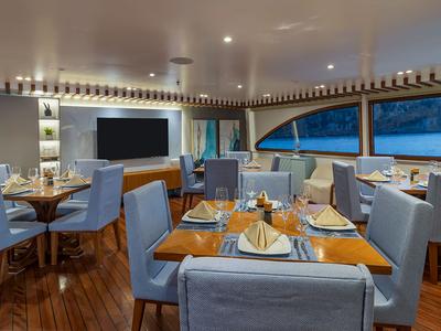 Salon of Ocean Spray, a Gulet Power Catamaran catamaran at Baltra, Ecuador
