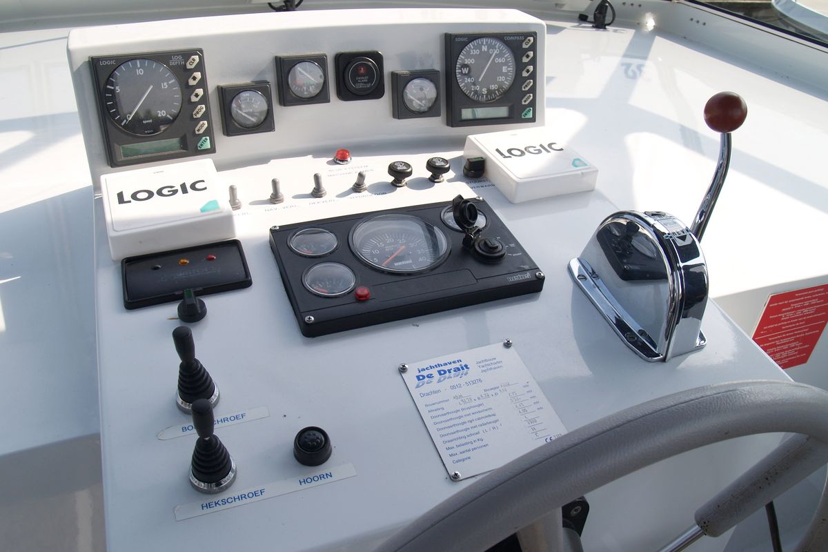 Cockpit of Drait 32, a De Drait Renal 45 motorboat at Drachten, Netherlands