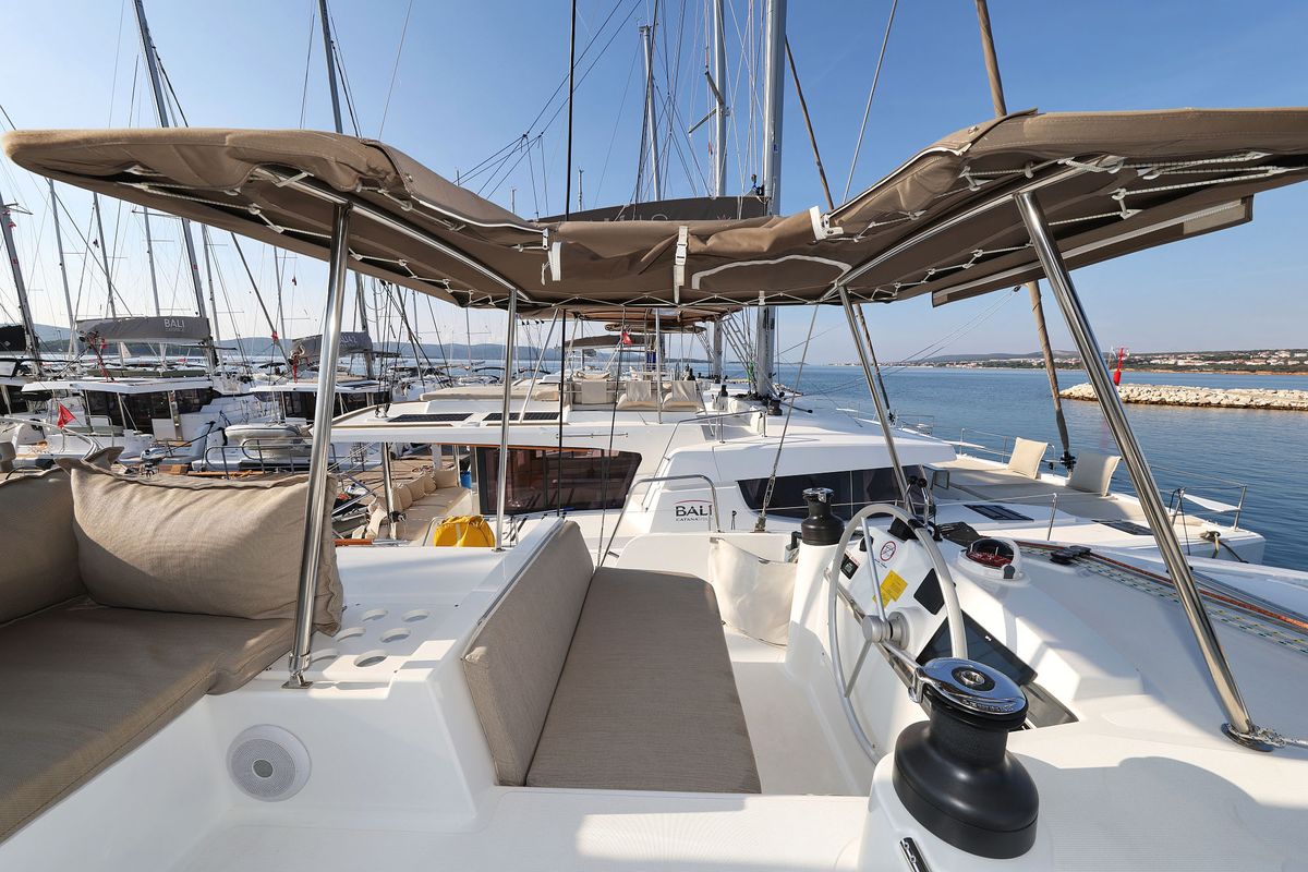 Cockpit of Trinity, a Bali 4.4 catamaran at Grad Biograd na Moru, Croatia