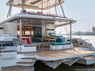Deck of ESPERANCE, a Lagoon 55 catamaran at Municipal Unit of Nea Peramos, Greece