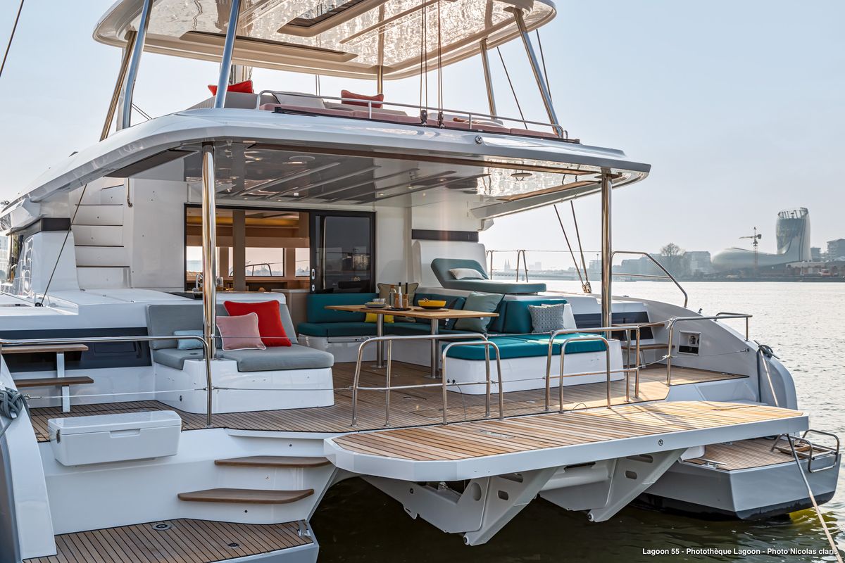 Deck of ESPERANCE, a Lagoon 55 catamaran at Municipal Unit of Nea Peramos, Greece