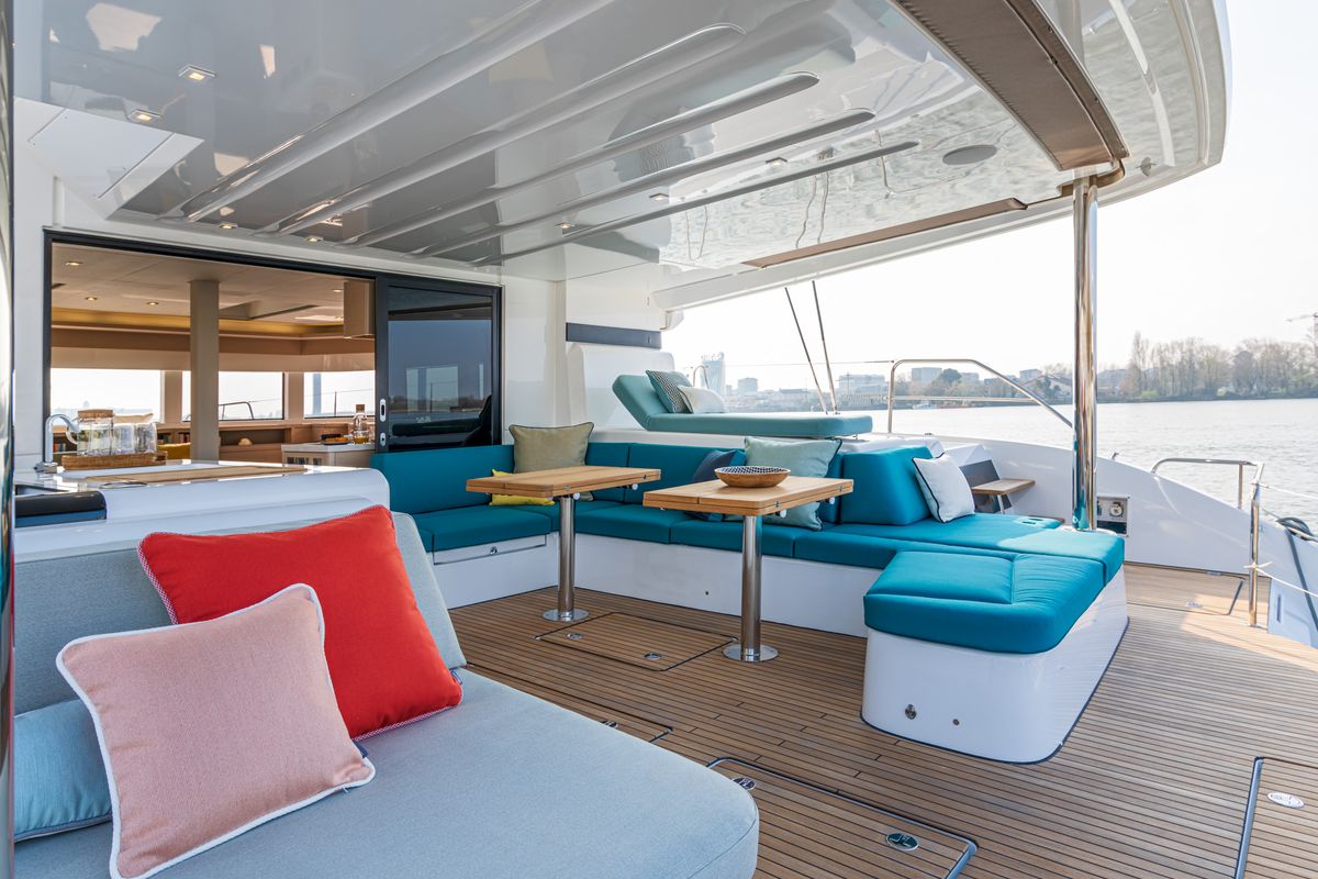 Deck of ESPERANCE, a Lagoon 55 catamaran at Municipal Unit of Nea Peramos, Greece